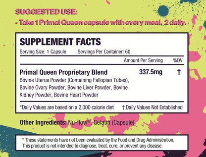 Primal Queen Female-Optimized Beef Organ Superfood Supplement (Beef Liver, Kidney, Heart, & 3 More) - 100% Grass Fed, Pasture Raised - 3rd Party & Clinically Tested